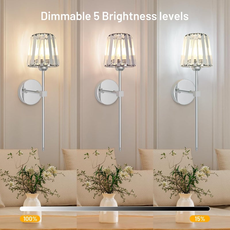 L.JUJAM Crystal Battery Operated Wall Sconces Set of 2, Chrome Rechargeable Wireless Wall Lights with Crystal Lampshade, 12 RGB and 3CCT Dimmable Wall Lamps with Remote for Bedroom Living Room Hallway - Image 5